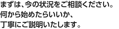 まずは、今の状況をご相談ください。何から始めたらいいか、丁寧にご説明いたします。